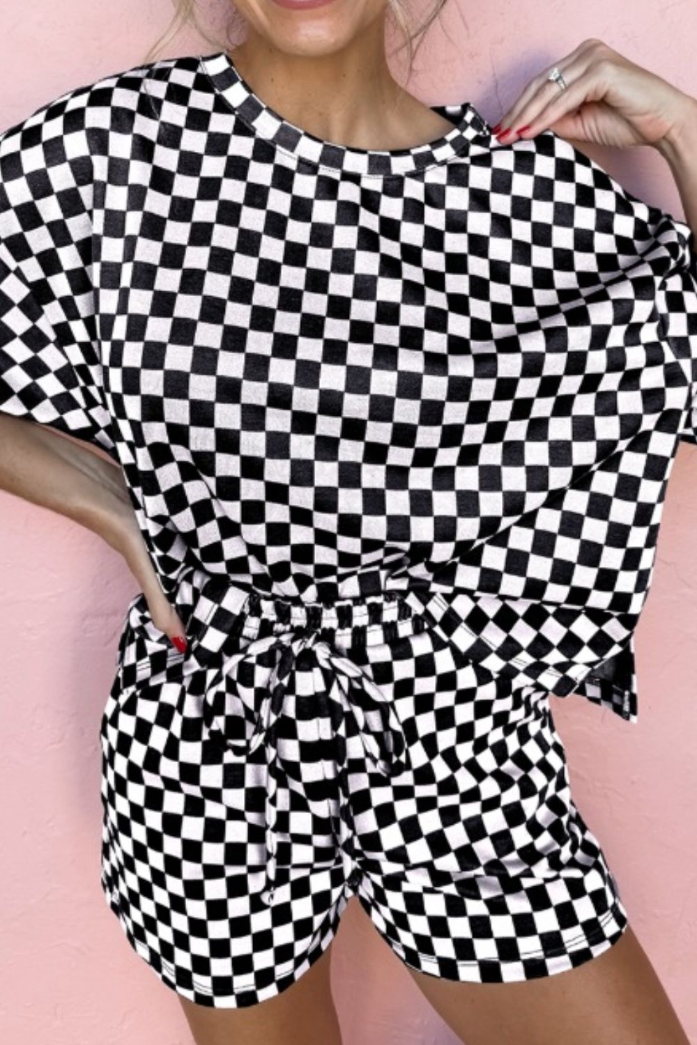Checkered Round Neck Top and Shorts Set - felvior