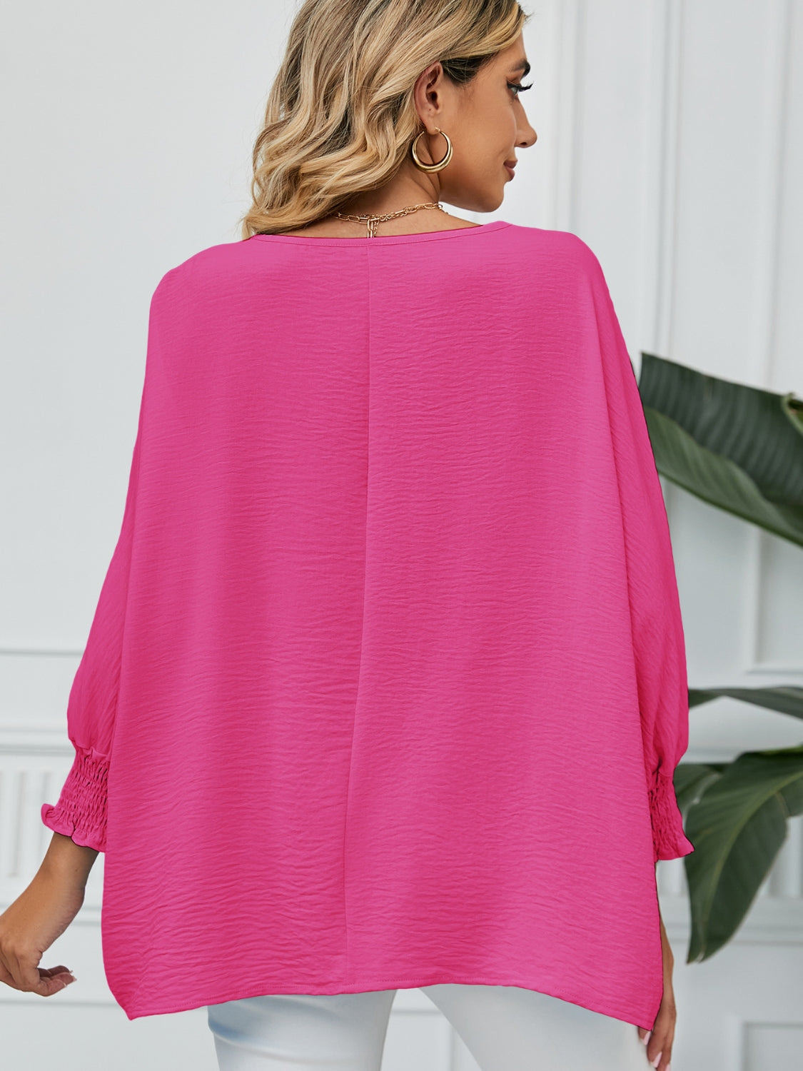 Smocked Lantern Sleeve Round Neck Blouse - felvior