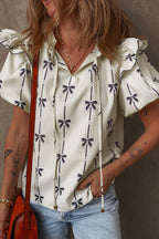 Bow Print Tie Neck Short Sleeve Blouse