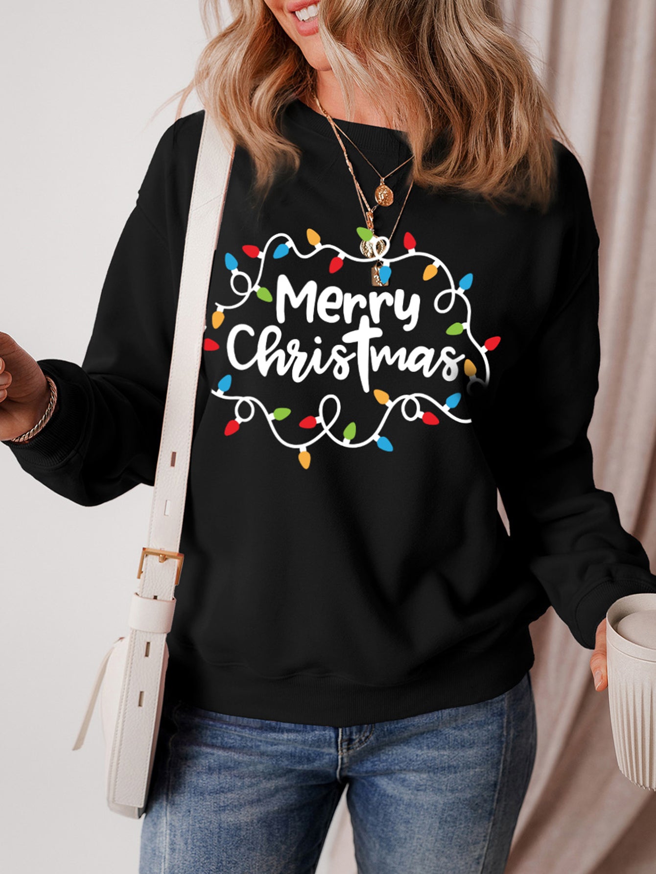 MERRY CHRISTMAS Sweatshirt mit überschnittenen Schultern und langen Ärmeln Zweitbild