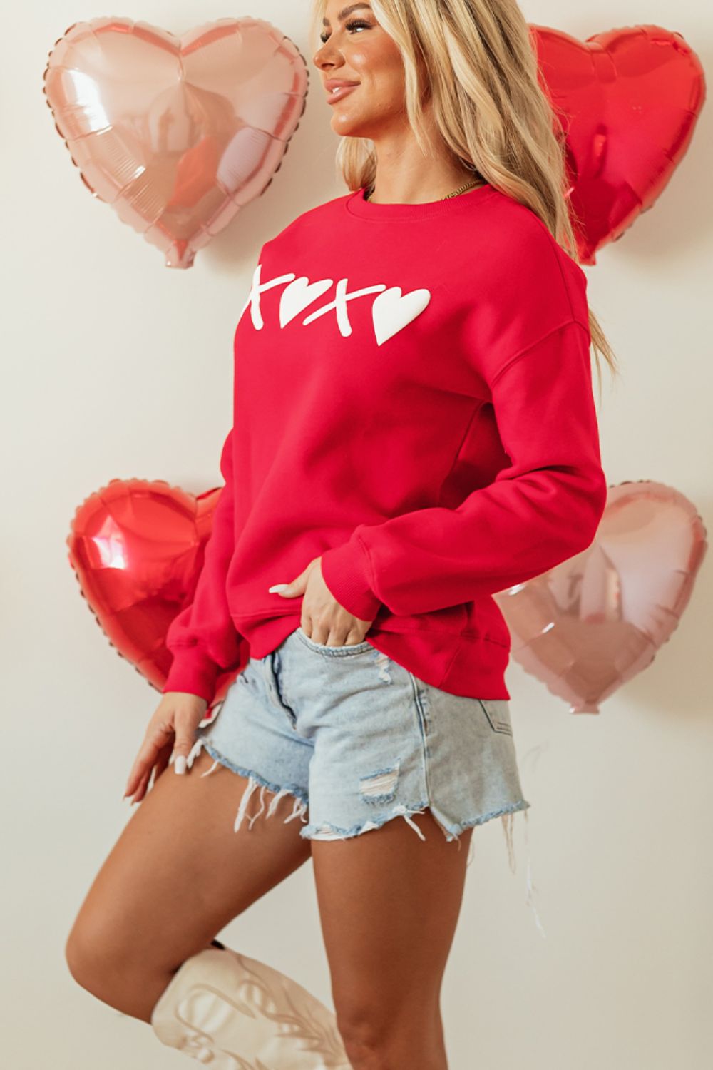 Valentine’s Day XOXO Round Neck Drop Shoulder Sweatshirt - felvior