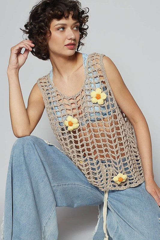 POL Flower Crochet Scoop Neck Sleeveless Knit Cover Up - felvior