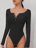 Quarter Snap Ribbed Round Neck Long Sleeve Bodysuit - felvior