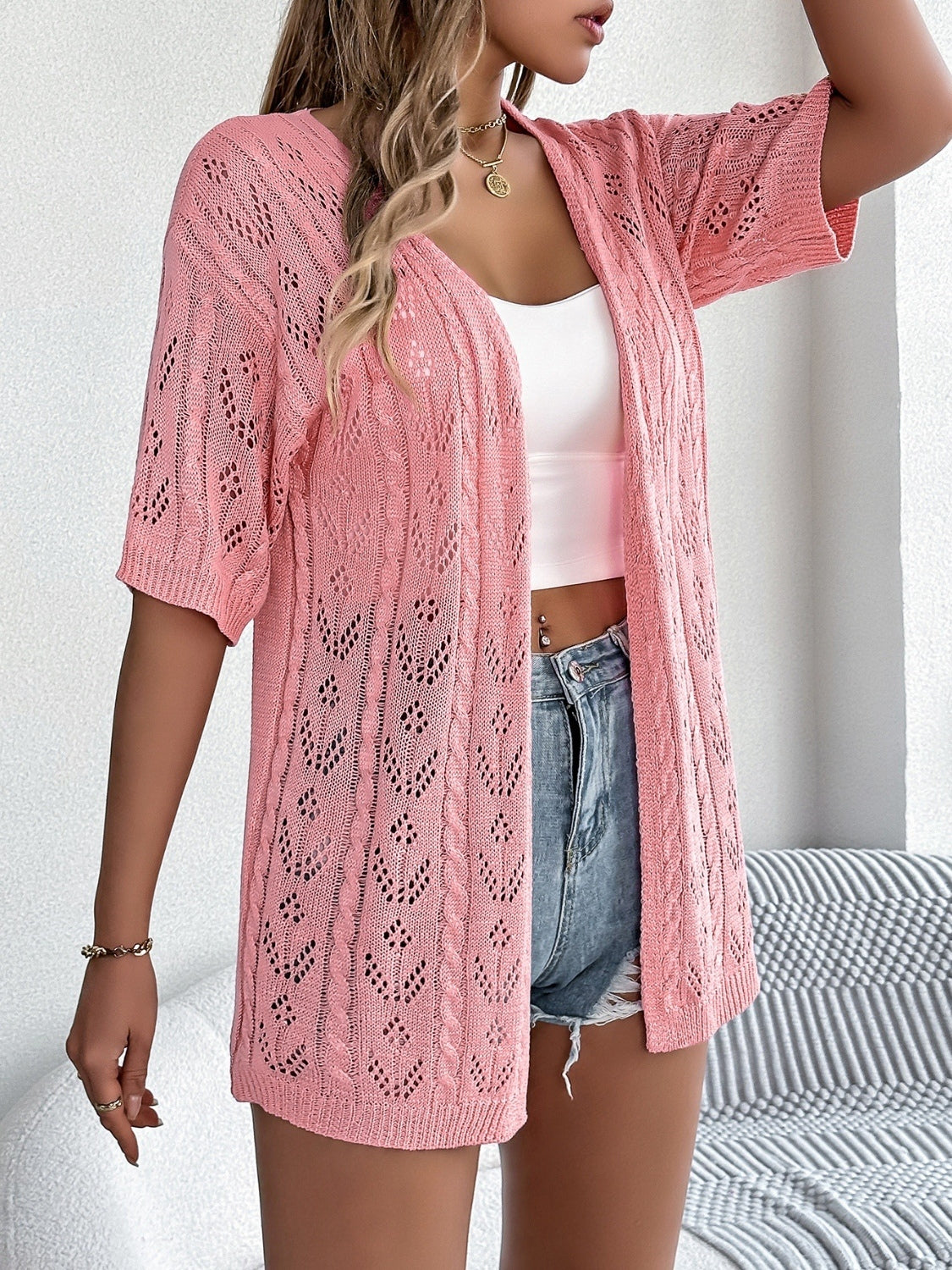 Openwork Open Front Half Sleeve Cardigan - felvior