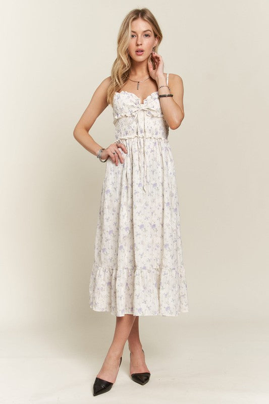 ADORA Smocked Floral Sweetheart Neck Cami Dress - felvior
