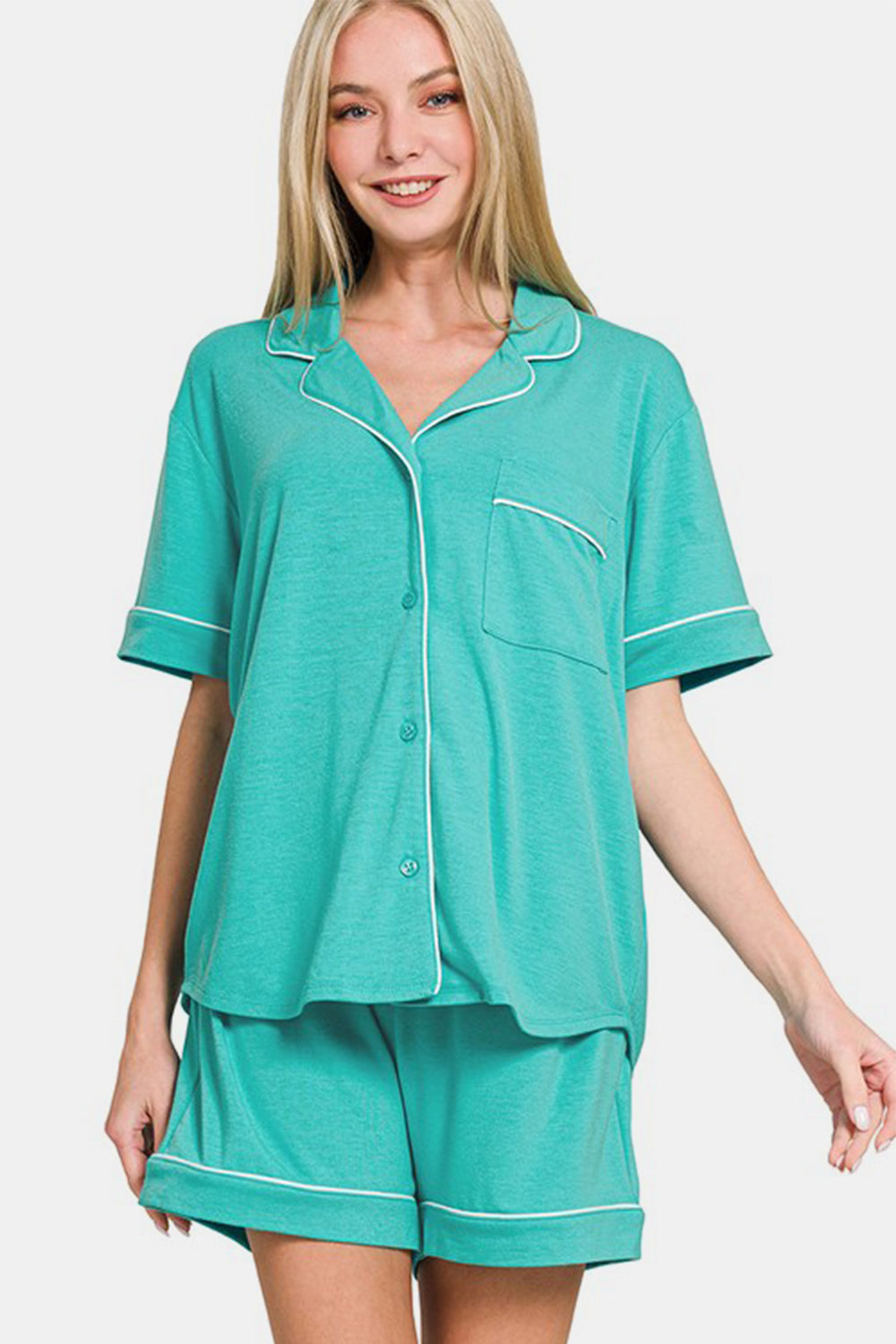 Zenana Button Down Short Sleeve Top and Shorts Lounge Set - felvior