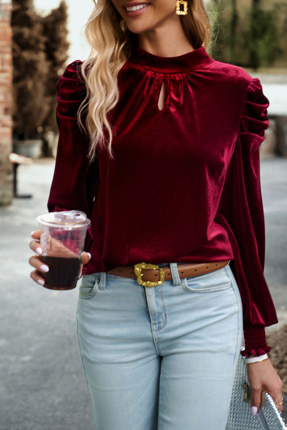 Tie Up Mock Neck Velvet Fabric Long Sleeve Blouse - felvior