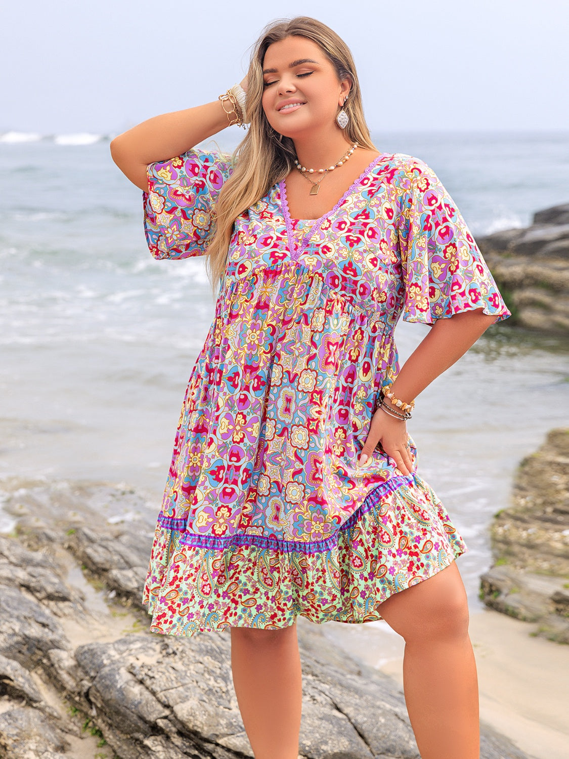 Plus Size Lace Detail Printed Half Sleeve Dress - felvior
