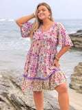 Plus Size Lace Detail Printed Half Sleeve Dress - felvior