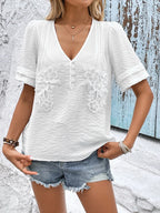 Embroidered V-Neck Short Sleeve Top