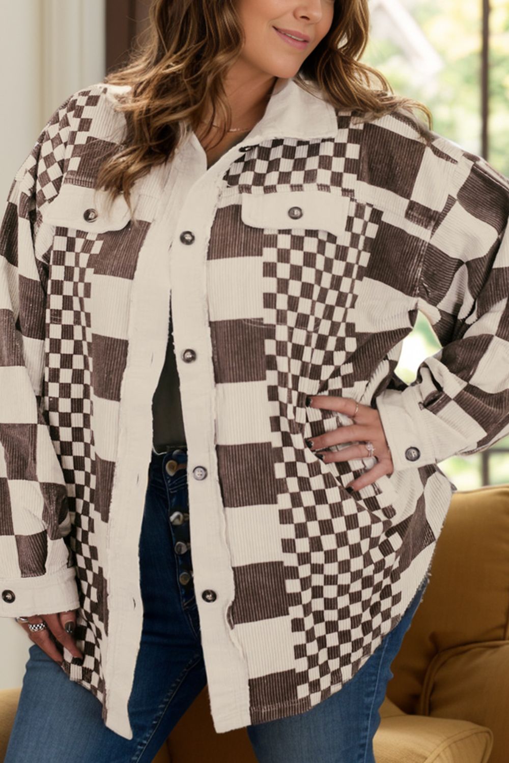 Plus Size Checkered Button Up Long Sleeve Jacket Main image