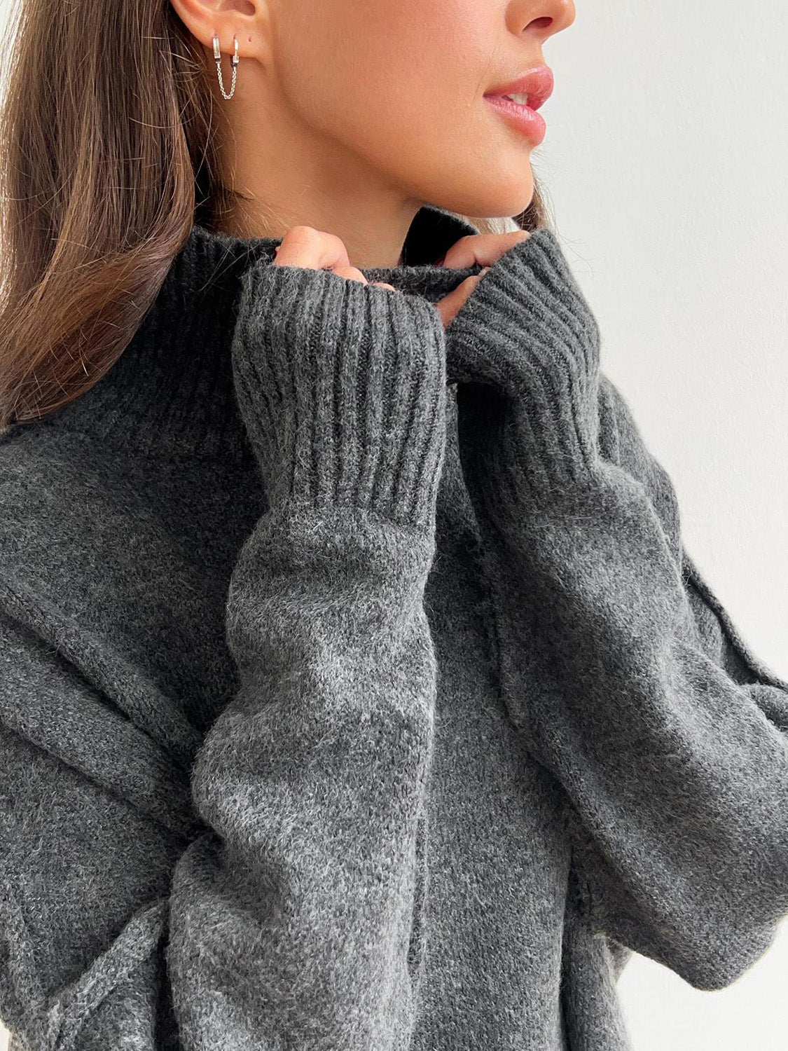 Slit Turtleneck Long Sleeve Top and Pants Sweater Set - felvior