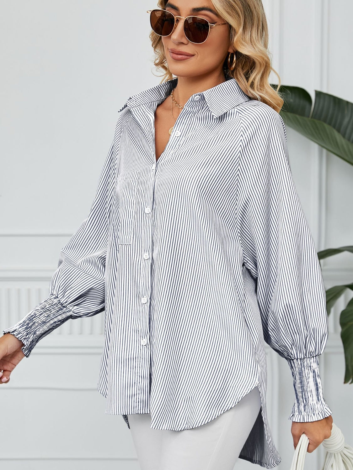 Striped Collared Neck Long Sleeve Shirt - felvior