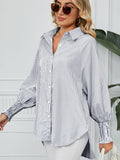 Striped Collared Neck Long Sleeve Shirt - felvior