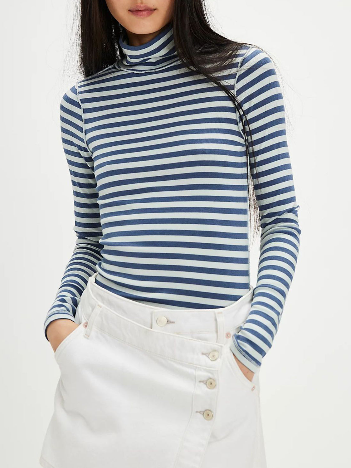 Exposed Seam Striped Turtleneck Long Sleeve T-Shirt - felvior
