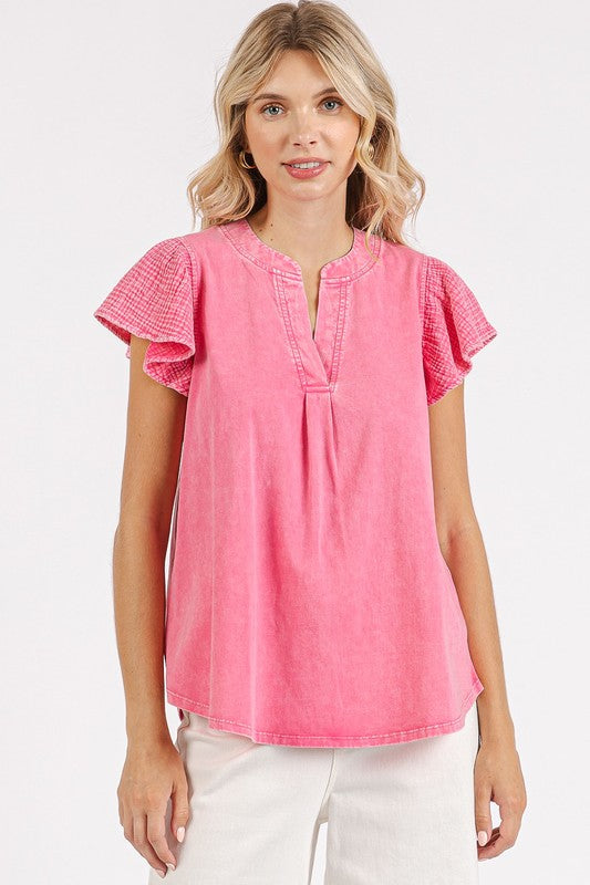 Mittoshop Mix Media Ruffle Short Sleeve Mineral Wash Top - felvior