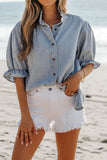 Ruffle Short Puff Sleeve Button Down Denim Shirt - felvior