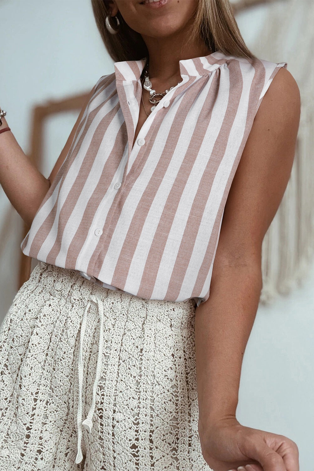 Stripe Button Down Sleeveless Shirt - felvior
