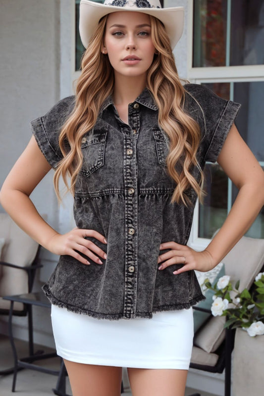 Short Sleeve Flap Pocket Button Up Raw Hem Denim Shirt - felvior