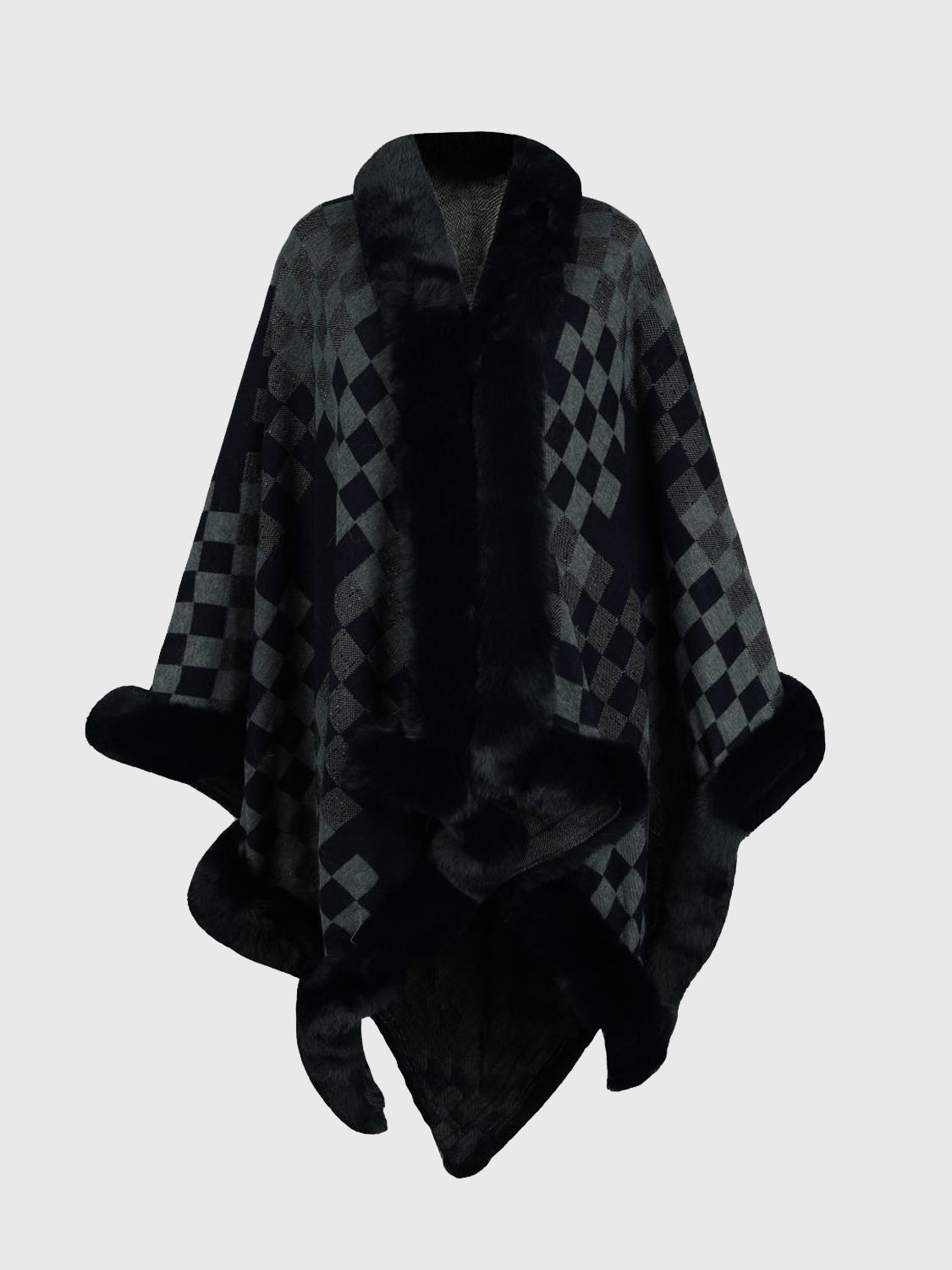 Checkered Faux Fur Trim Poncho - felvior