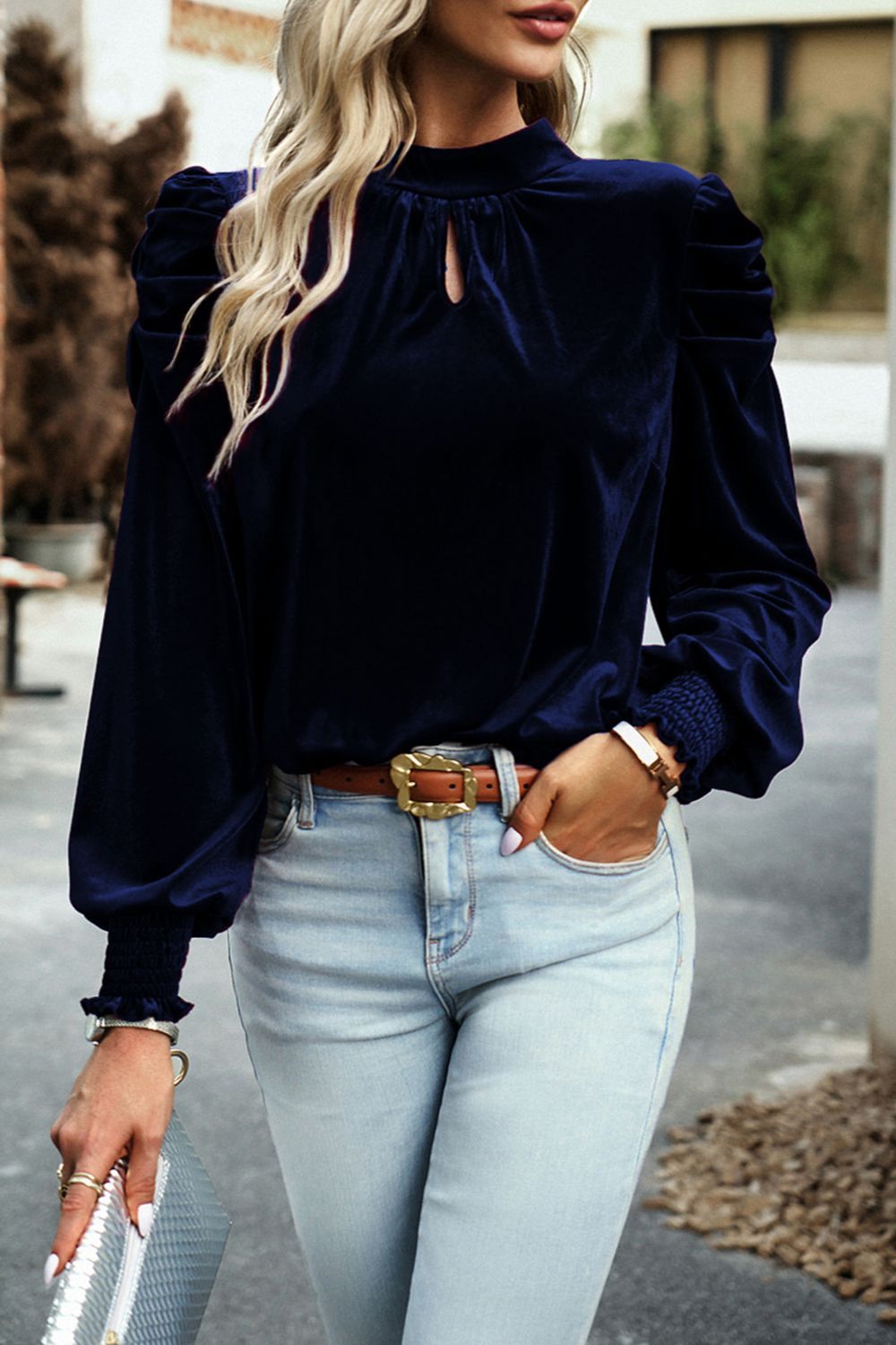 Tie Up Mock Neck Velvet Fabric Long Sleeve Blouse - felvior