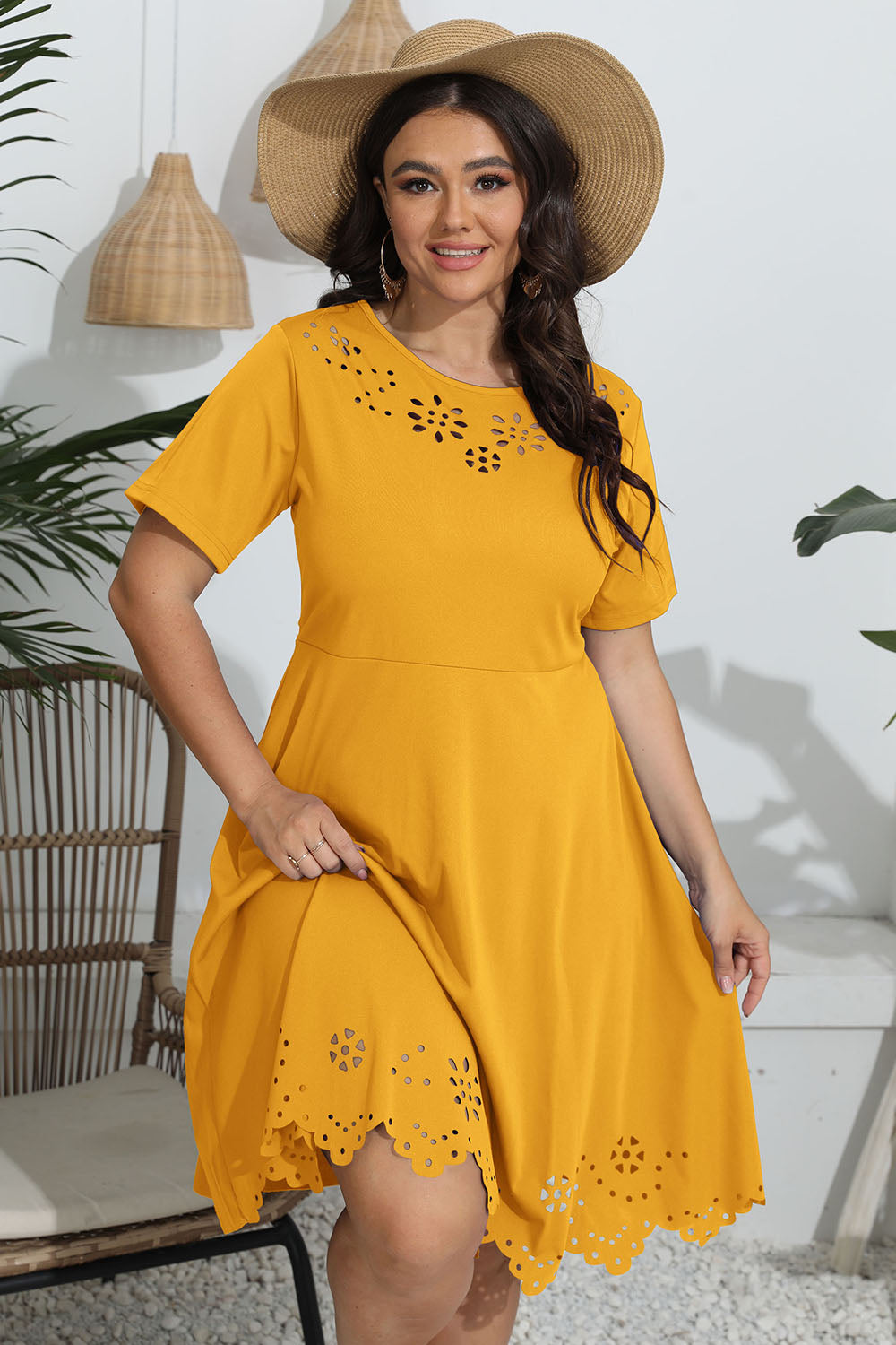Plus Size Round Neck Openwork Dress - felvior
