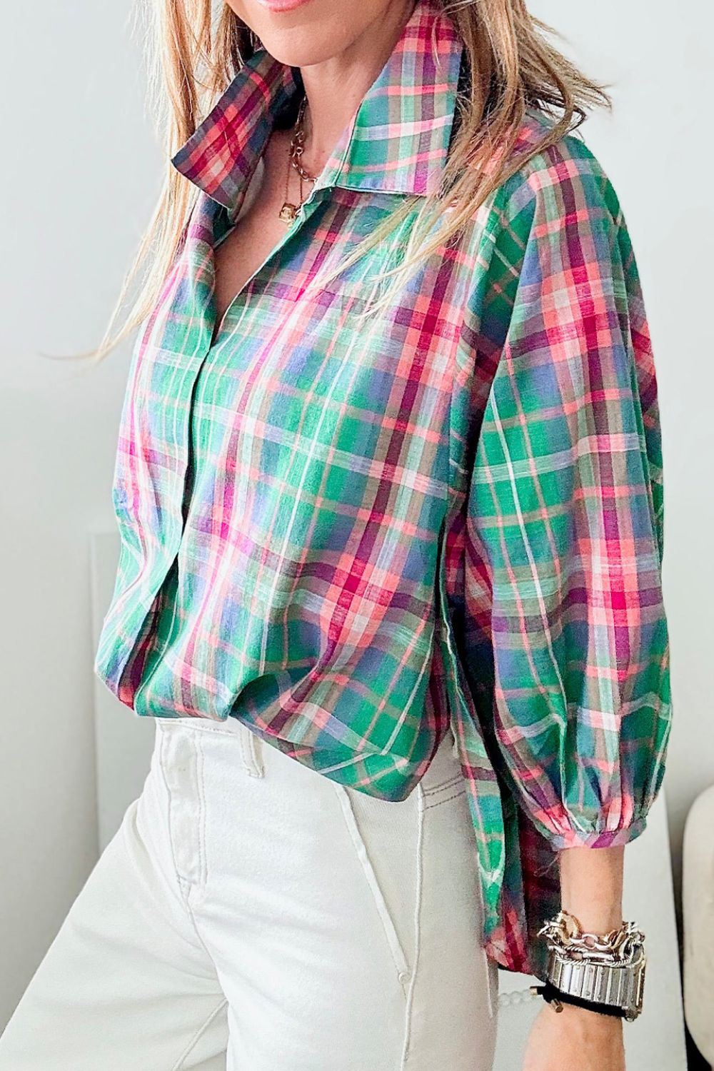 Plaid Collared Neck Three-Quarter Sleeve Shirt