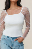 Swiss Dot Mesh Long Sleeve Square Neck Slim Top - felvior