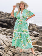 Plus Size Printed Notched Short Sleeve Maxi Dress