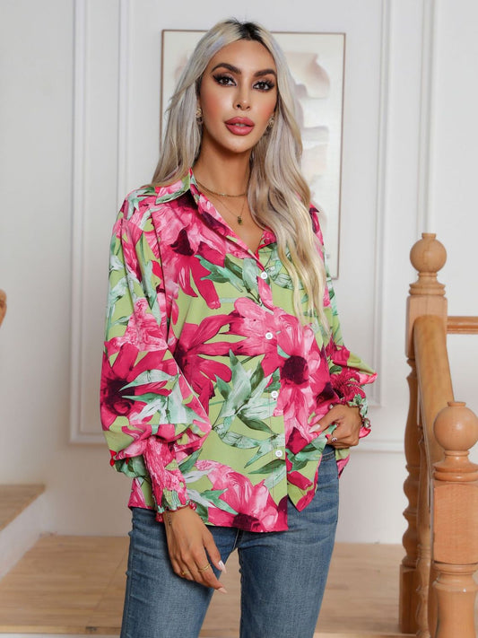 Button Down Printed Long Sleeve Shirt - felvior