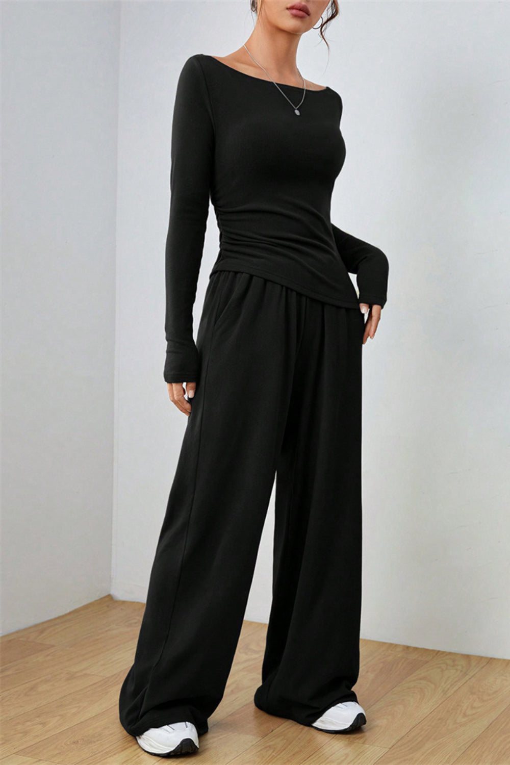 Boat Neck Long Sleeve Top and Pants Set - felvior