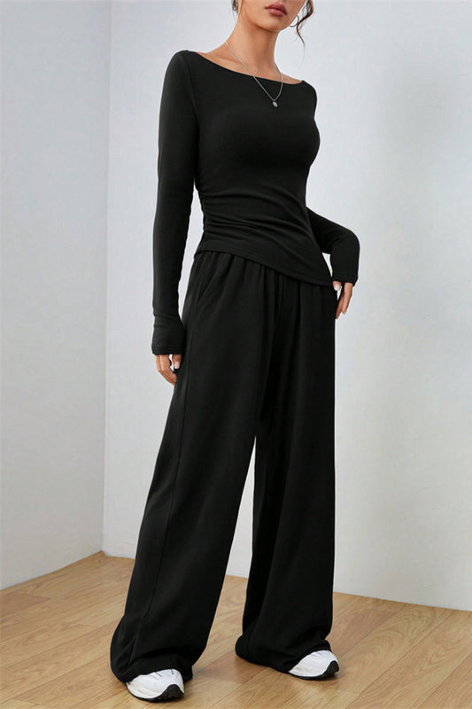 Boat Neck Long Sleeve Top and Pants Set - felvior