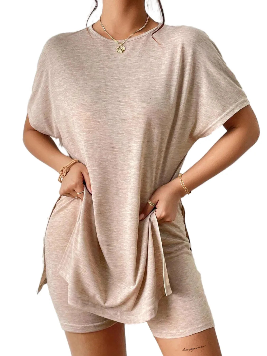 Slit Round Neck Short Sleeve Oversized Top and Shorts Set - felvior