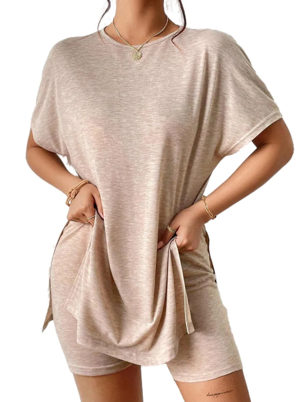 Slit Round Neck Short Sleeve Oversized Top and Shorts Set