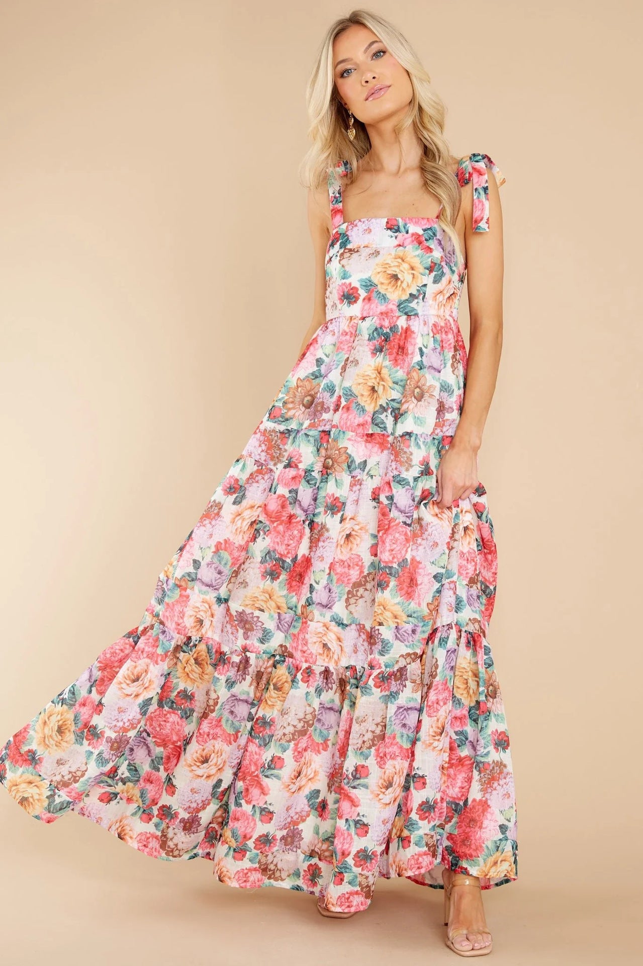 Floral Square Neck Wide Strap Maxi Dress - felvior