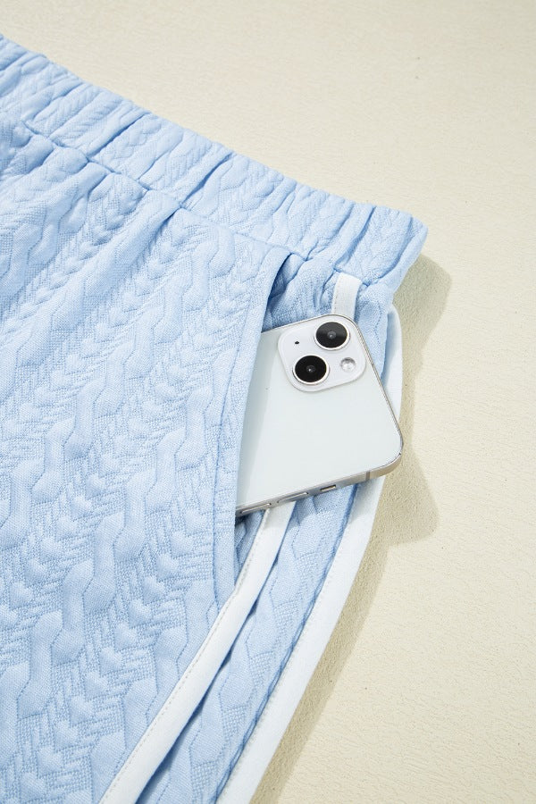 Contrast Trim Textured Crewneck Tee and Pocketed Skirt Set