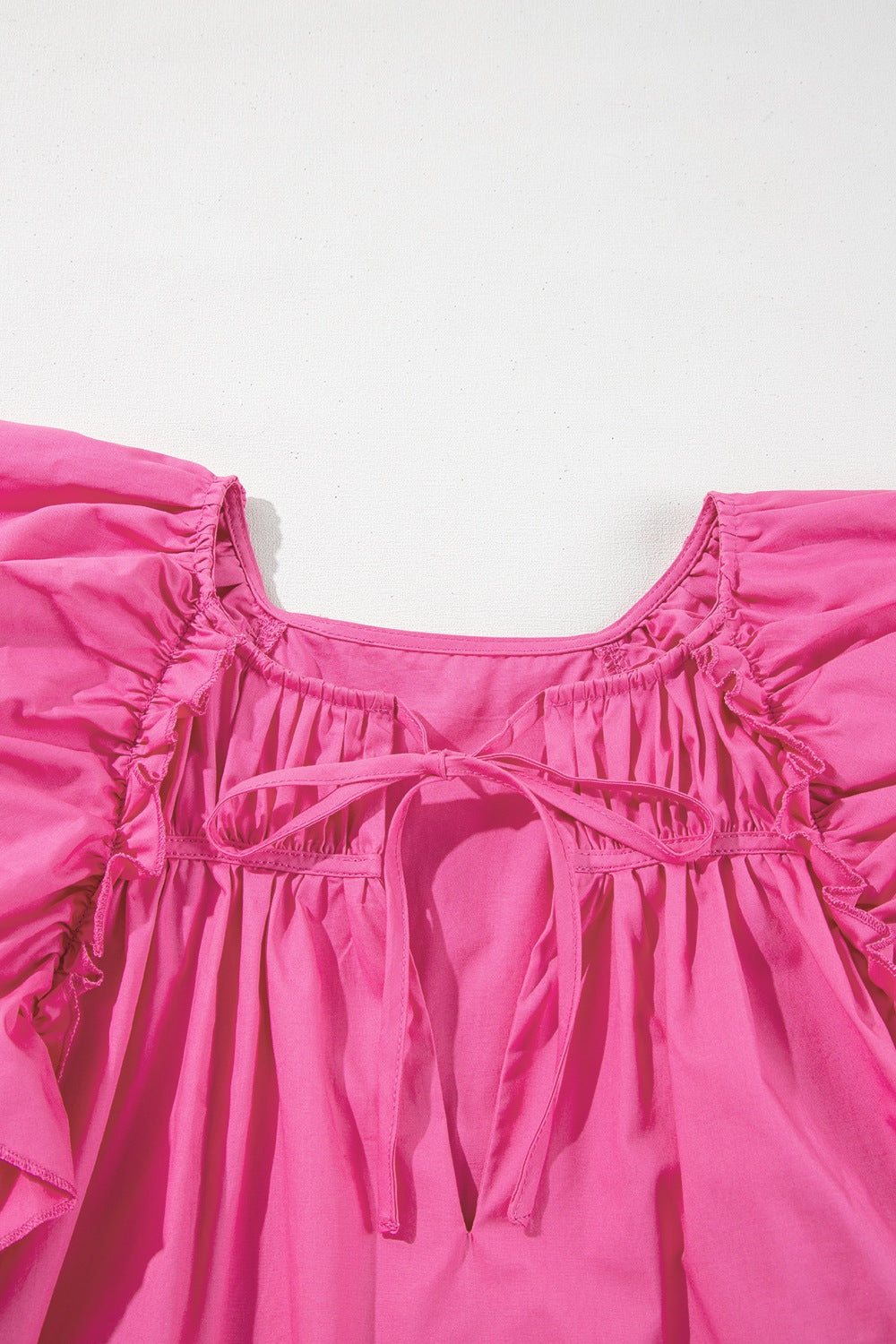 Shirred Tie Neck Ruffled Cap Sleeve Blouse - felvior