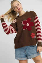Umgee Flower Jacquard Striped Long Sleeve Sweater