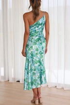Ruched Printed Single Shoulder Midi Dress