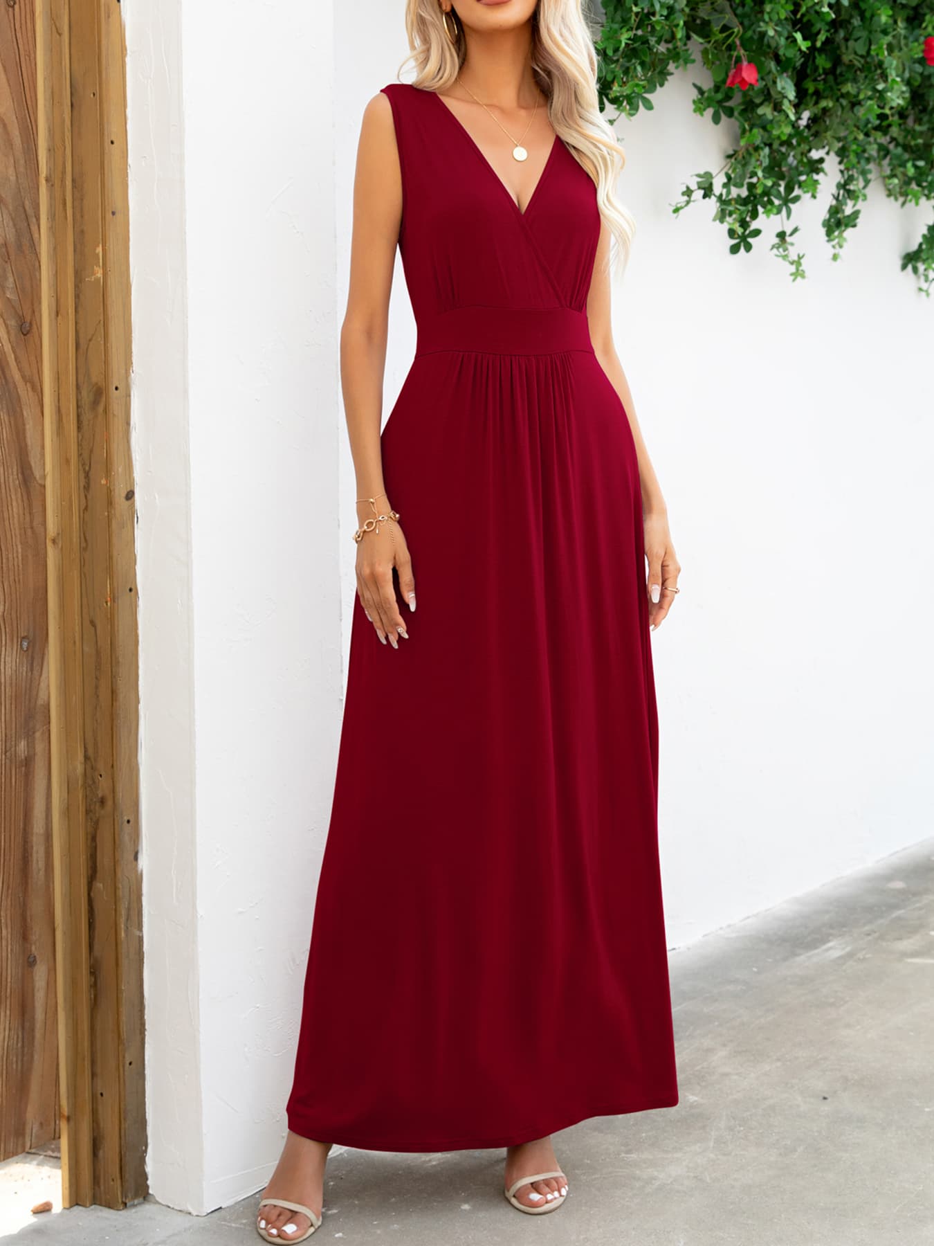 Surplice Neck Sleeveless Maxi Dress - felvior