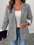 Single-Breasted Lapel Collar Plaid Blazer - felvior