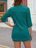 Textured Notched Top and Drawstring Shorts Set