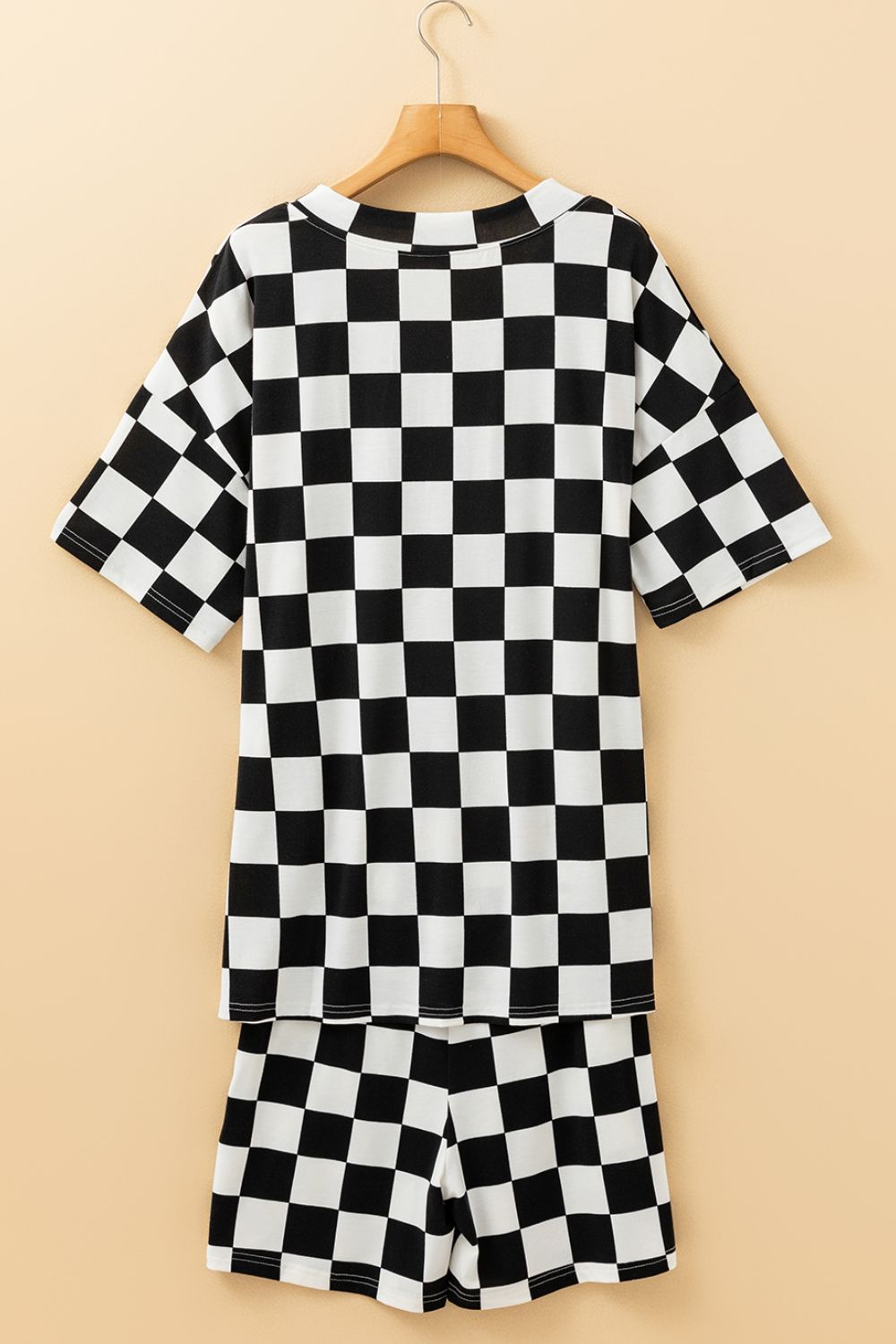 Checkerboard V Neck Loose Tee and Shorts Set - felvior