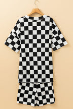 Checkerboard V Neck Loose Tee and Shorts Set