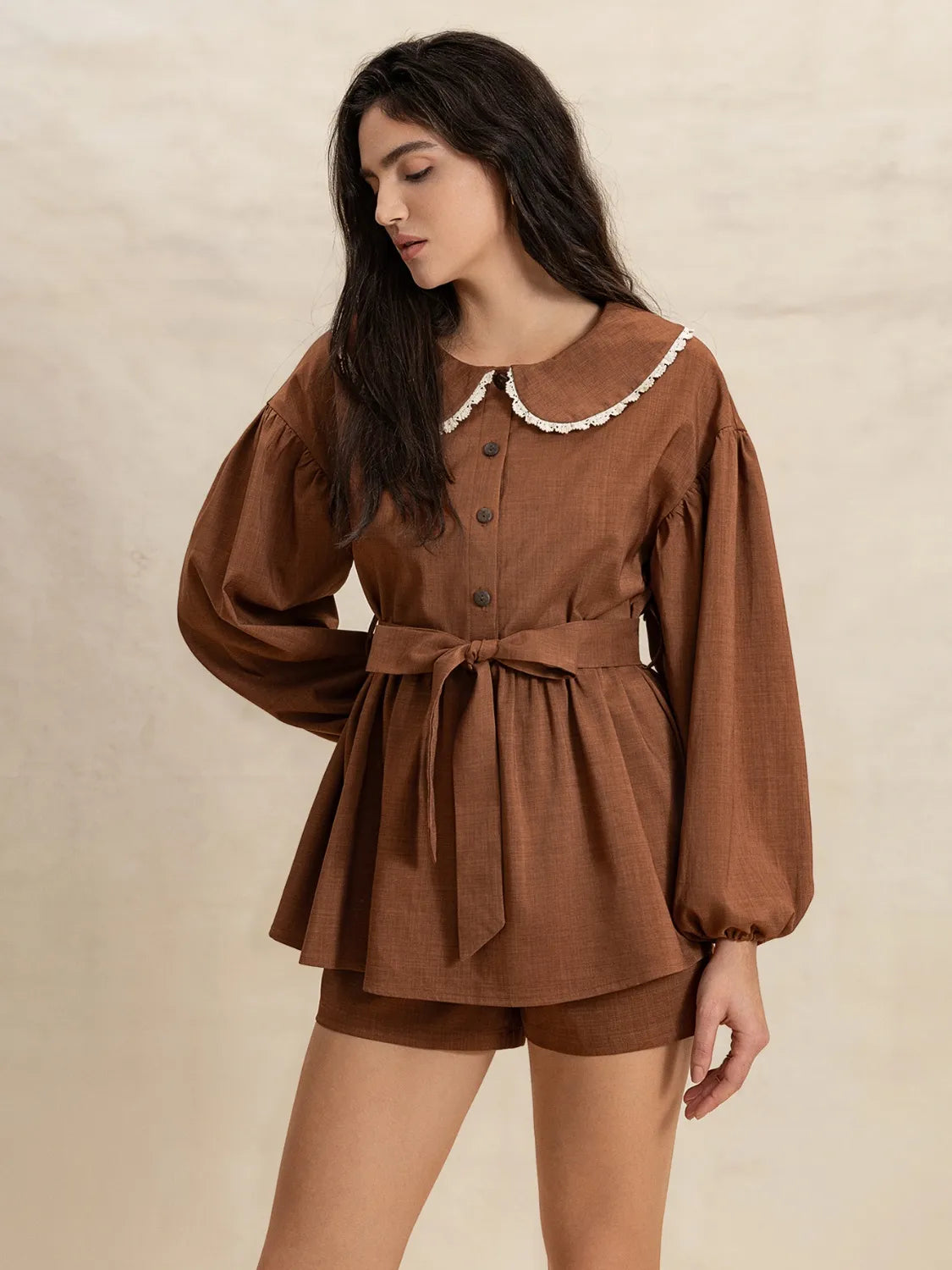 Peter Pan Collar Balloon Sleeve Top and Shorts Set - felvior