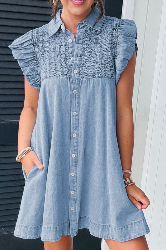 Smocked Collared Neck Cap Sleeve Denim Dress - felvior