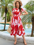 Printed Round Neck Flounce Sleeve Midi Dress - felvior