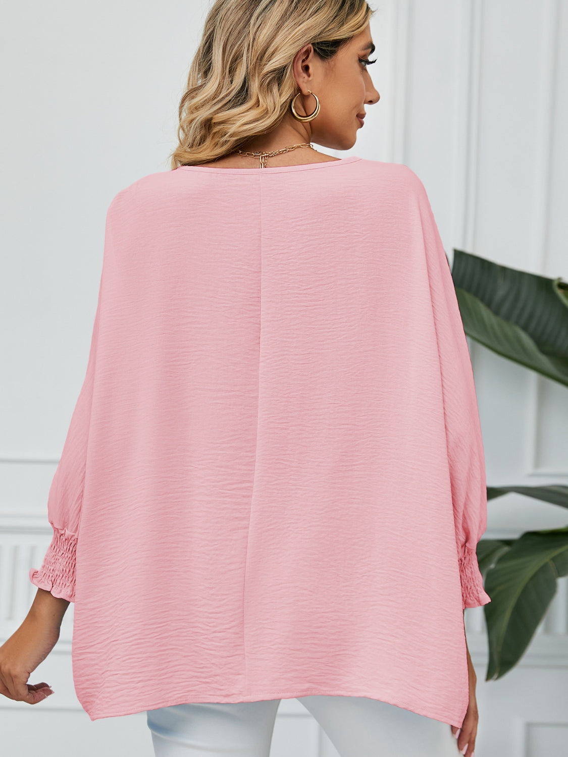 Smocked Lantern Sleeve Round Neck Blouse - felvior