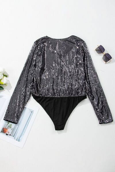 Sequin Surplice Long Sleeve Bodysuit - felvior
