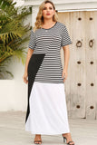 Plus Size Striped Color Block Round Neck Dress - felvior